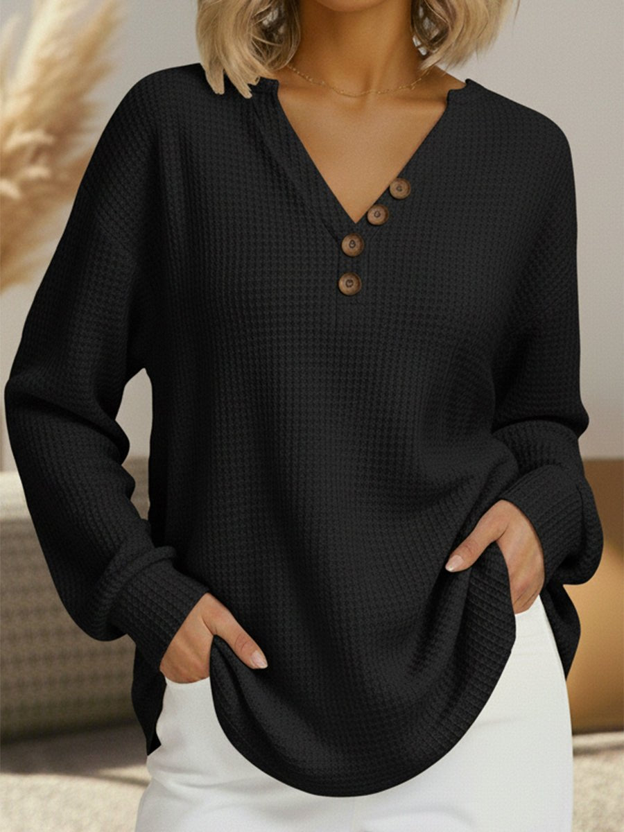 Women's Oversized Waffle Knit Henley Long Sleeve Top - Black