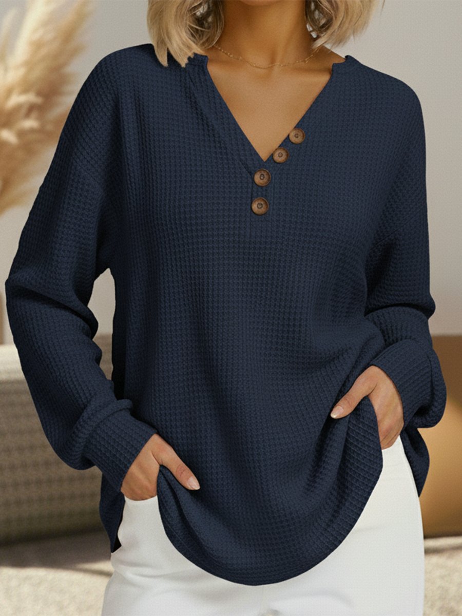 Women's Oversized Waffle Knit Henley Long Sleeve Top - Navy Blue