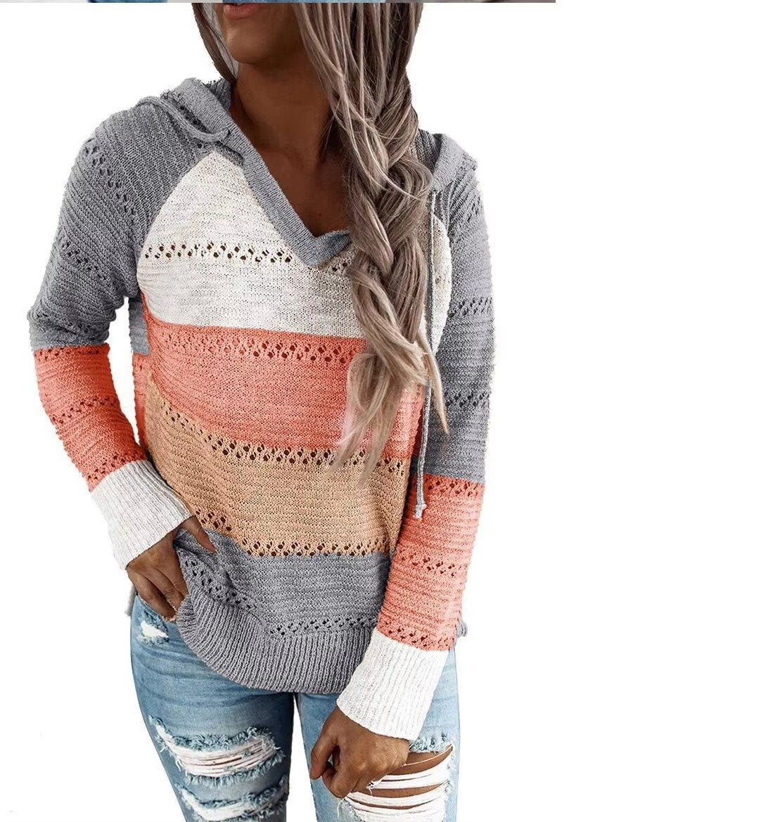 Women's Striped Knit Hoodie - Gray  Orange