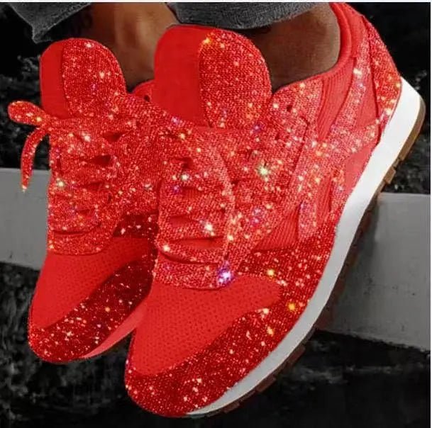 Women's Glitter Lace-Up Running Trainers - Red