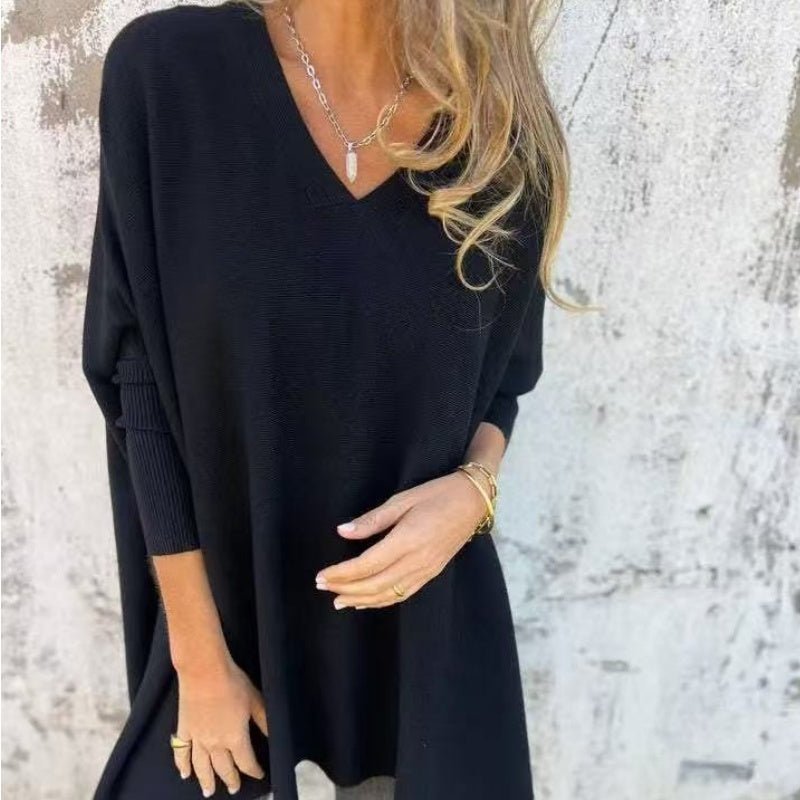 Women's Oversized Knit Ribbed V-Neck Jumper Dress - Black