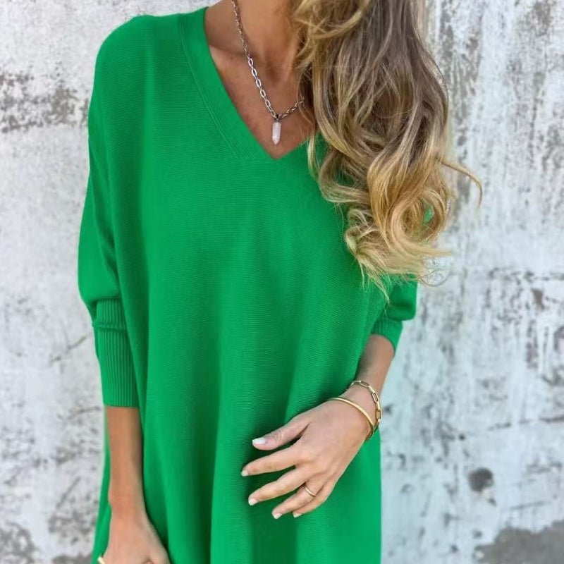 Women's Oversized Knit Ribbed V-Neck Jumper Dress - Green