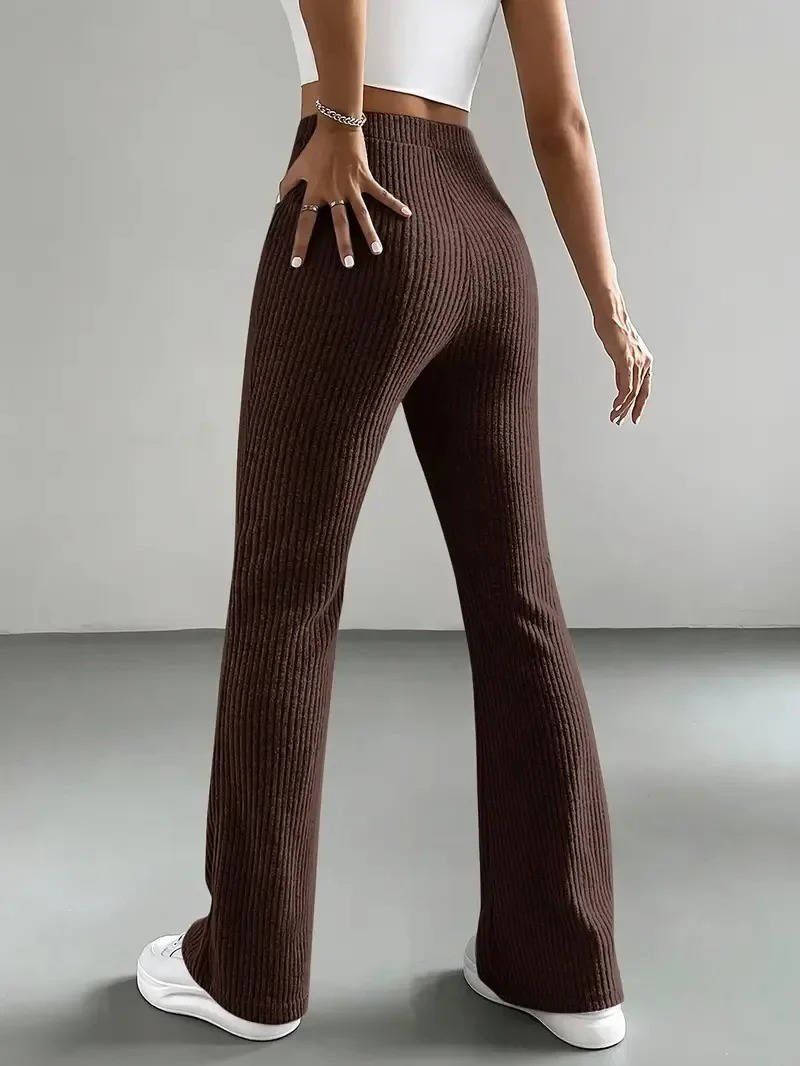 Women's Ribbed Knit High-Waisted Flare Trousers