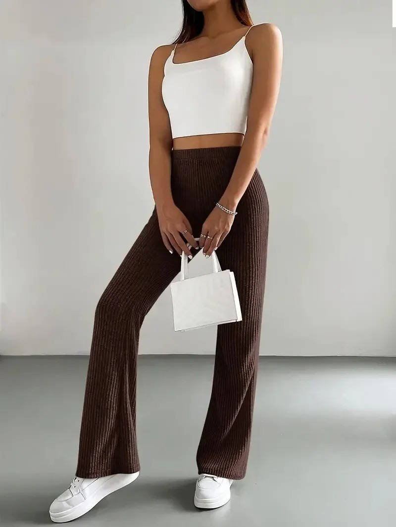 Women's Ribbed Knit High-Waisted Flare Trousers