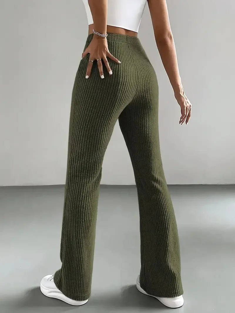 Women's Ribbed Knit High-Waisted Flare Trousers