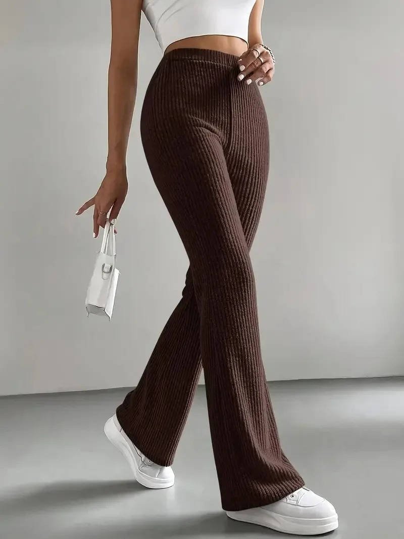Women's Ribbed Knit High-Waisted Flare Trousers - Coffee