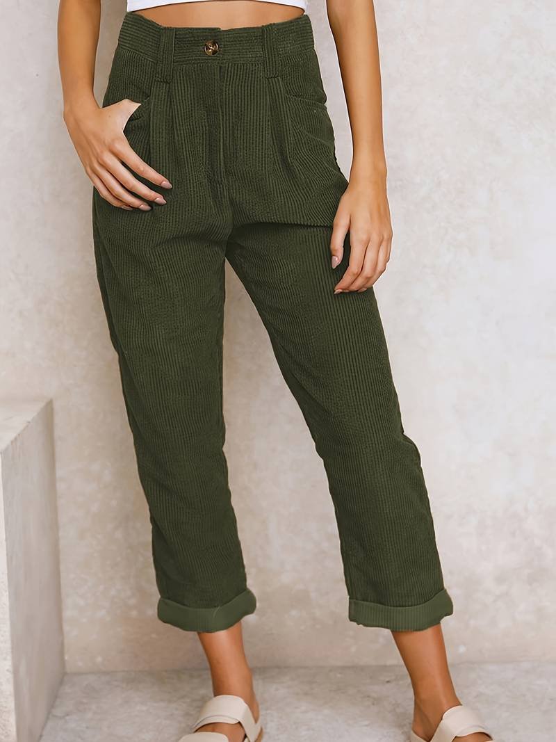 Women's High-Waisted Pleated Corduroy Trousers - Army Green