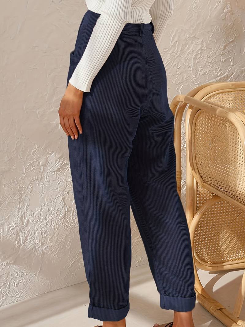 Women's High-Waisted Pleated Corduroy Trousers
