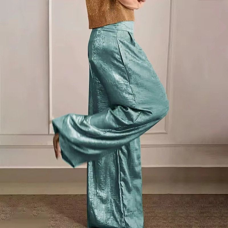 Women's High-Waisted Pleated Satin Wide-Leg Trousers - Blue / S