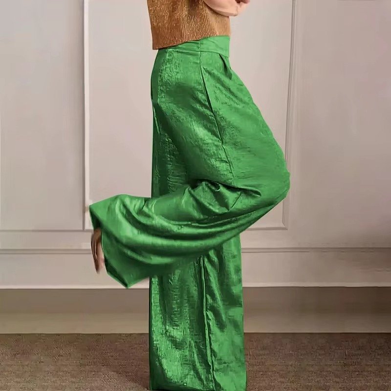 Women's High-Waisted Pleated Satin Wide-Leg Trousers - Green / S