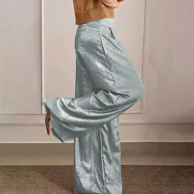 Women's High-Waisted Pleated Satin Wide-Leg Trousers - Gray / S