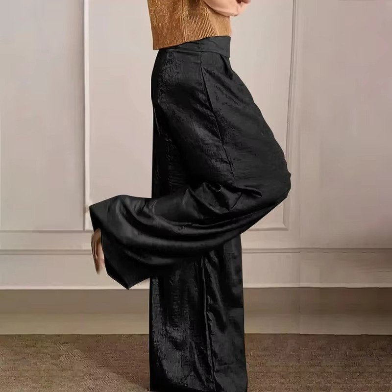 Women's High-Waisted Pleated Satin Wide-Leg Trousers - Black / S