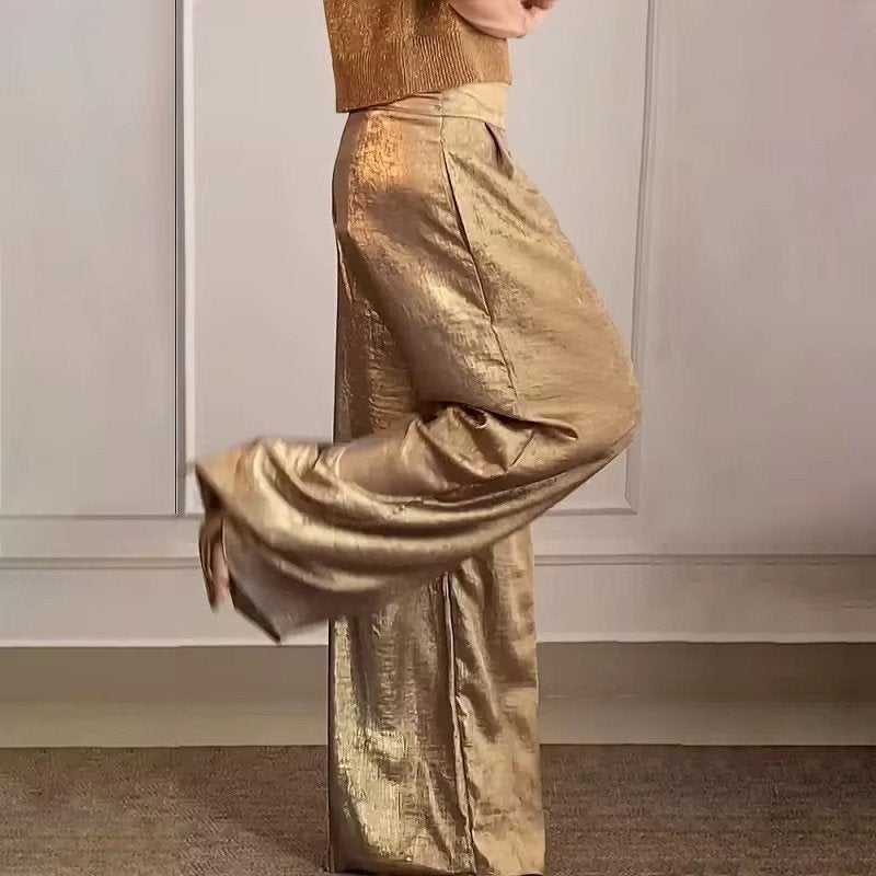 Women's High-Waisted Pleated Satin Wide-Leg Trousers - Khaki / S