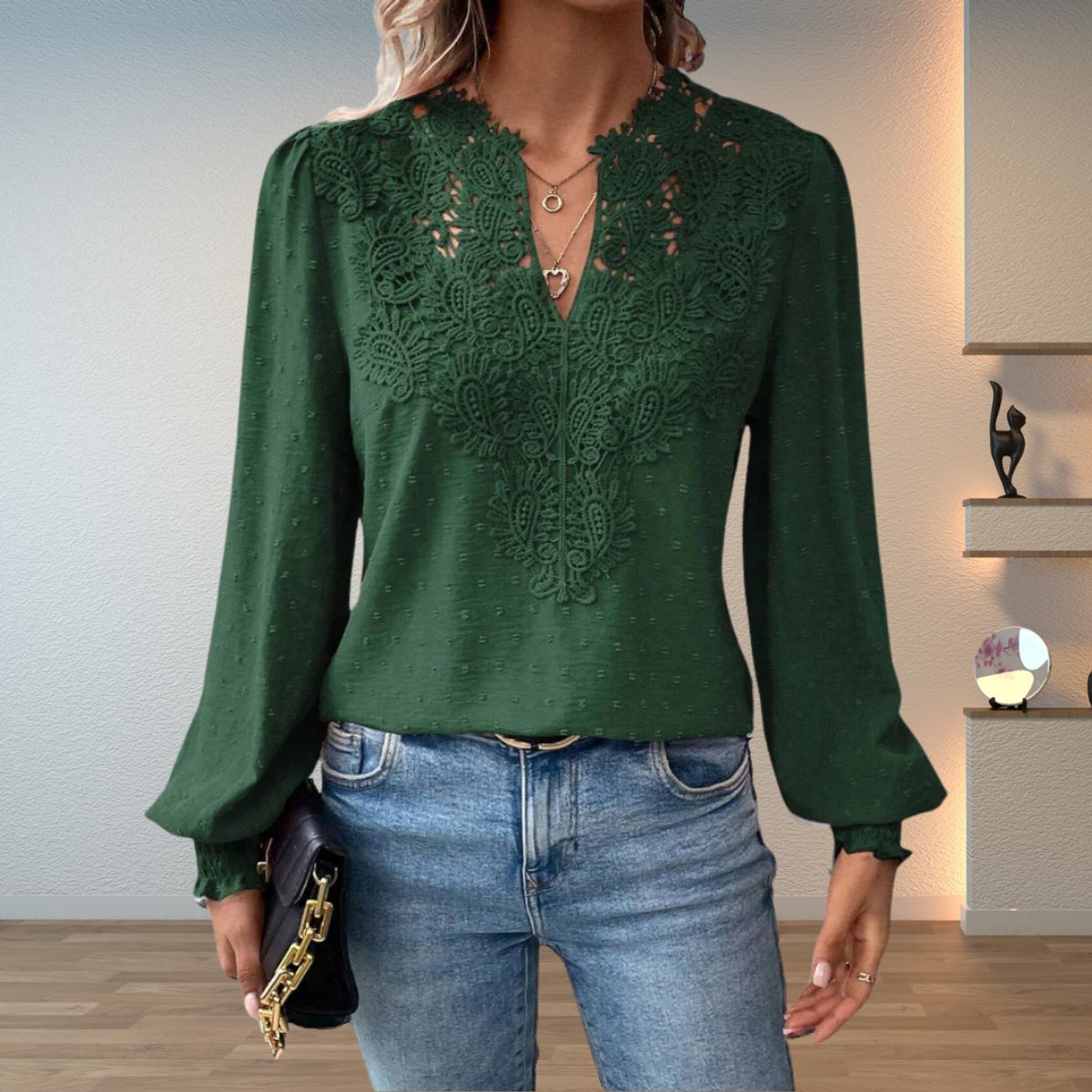 Women's Lace-Trim Blouse - Dark Green