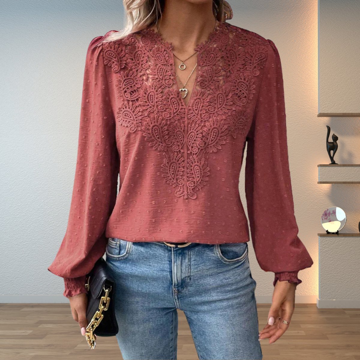 Women's Lace-Trim Blouse - Dusty Pink