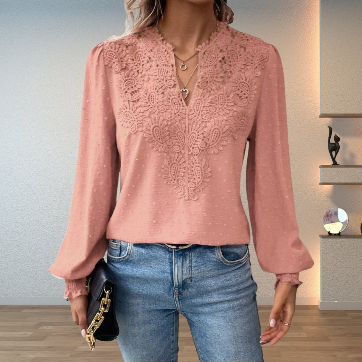 Women's Lace-Trim Blouse - Pink