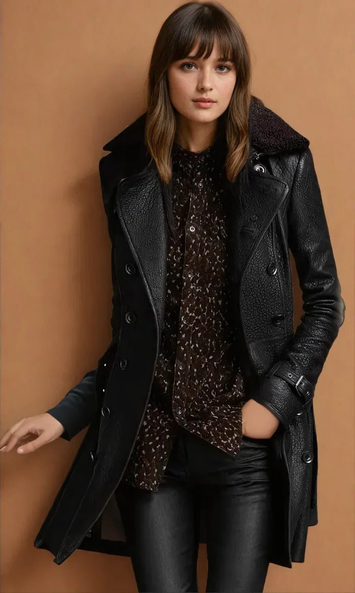 Women's Belted Longline Shearling Leather Trench Coat