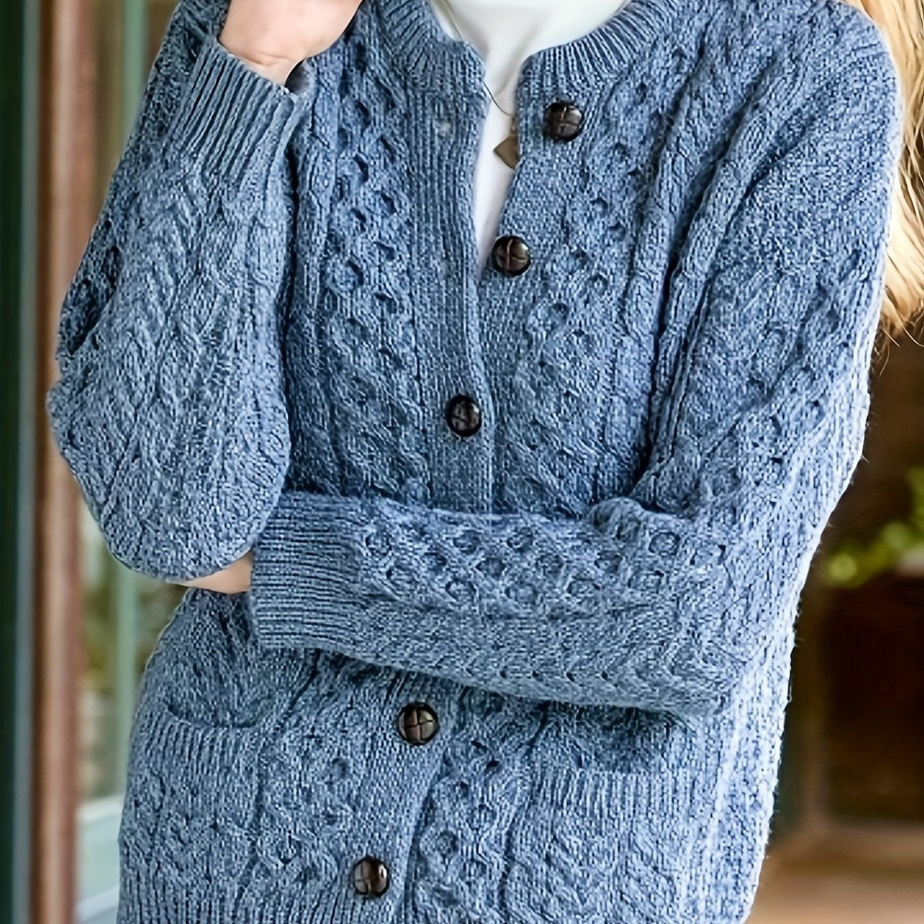 Women's Cable Knit Wool Cardigan - Sea Blue