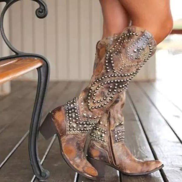 Women's Studded Western Cowboy Knee-High Boots - Brown