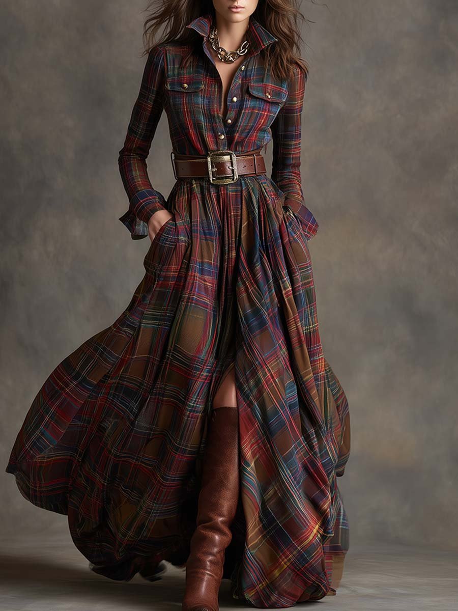 Women's Plaid Long Sleeve Maxi Shirt Dress - Dark Brown