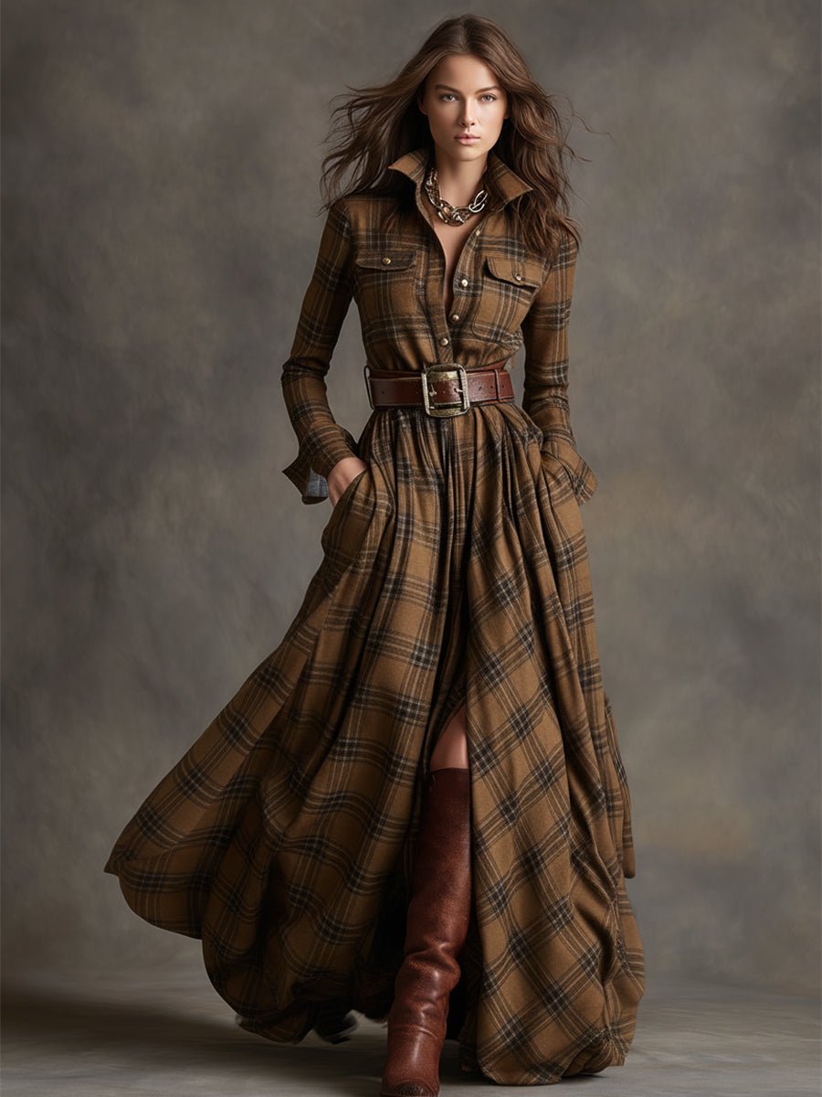 Women's Plaid Long Sleeve Maxi Shirt Dress