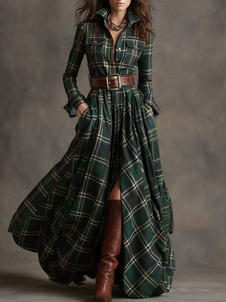 Women's Plaid Long Sleeve Maxi Shirt Dress - Green