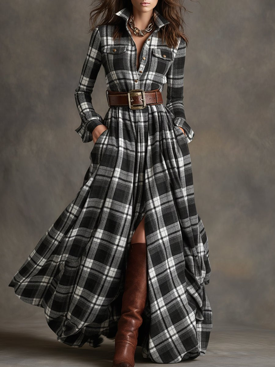 Women's Plaid Long Sleeve Maxi Shirt Dress - Black