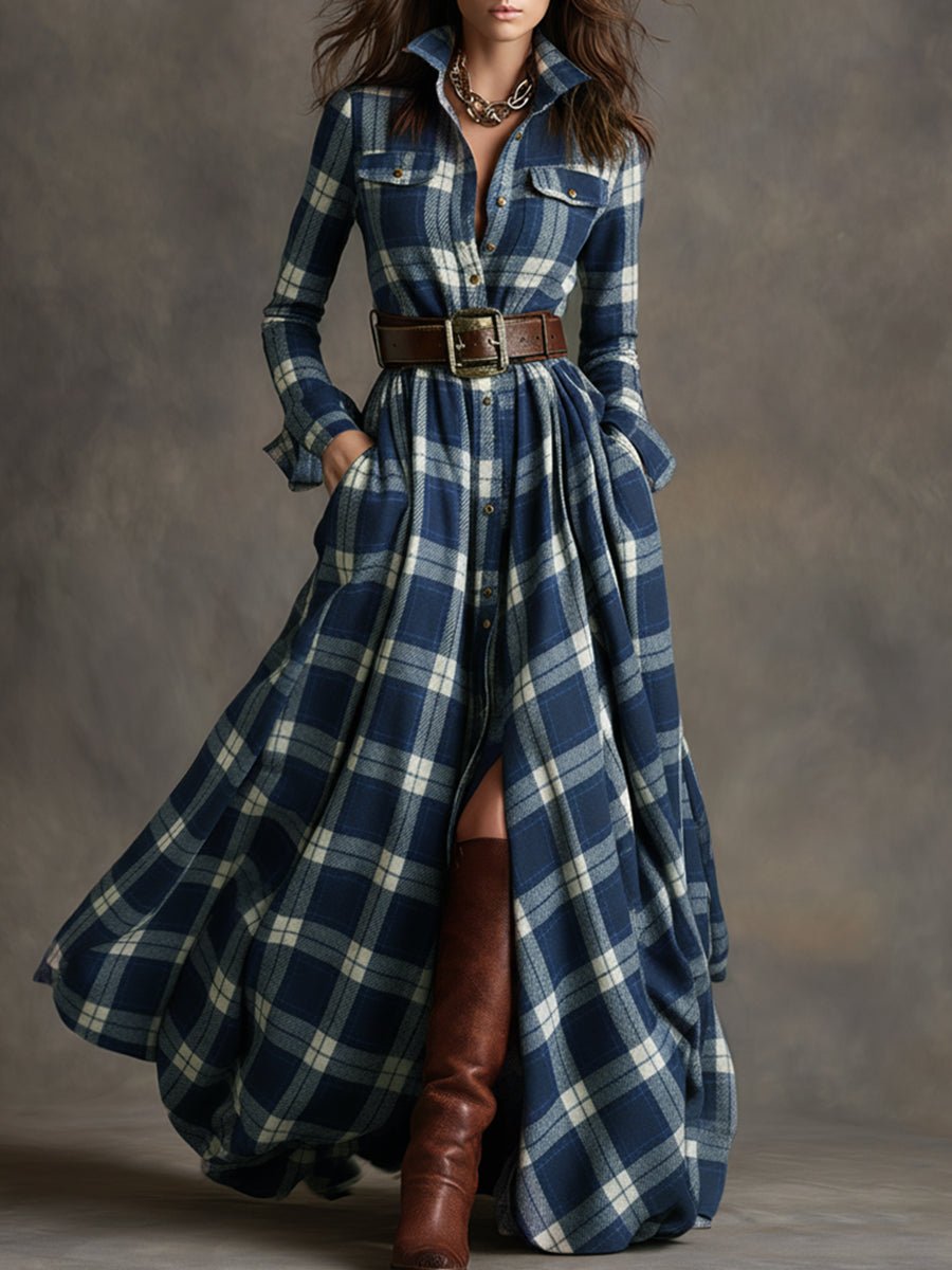 Women's Plaid Long Sleeve Maxi Shirt Dress - Blue