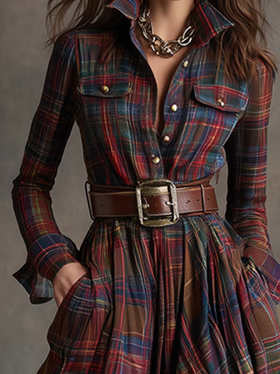 Women's Plaid Long Sleeve Maxi Shirt Dress