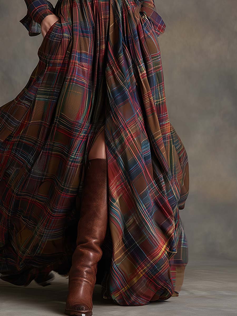 Women's Plaid Long Sleeve Maxi Shirt Dress