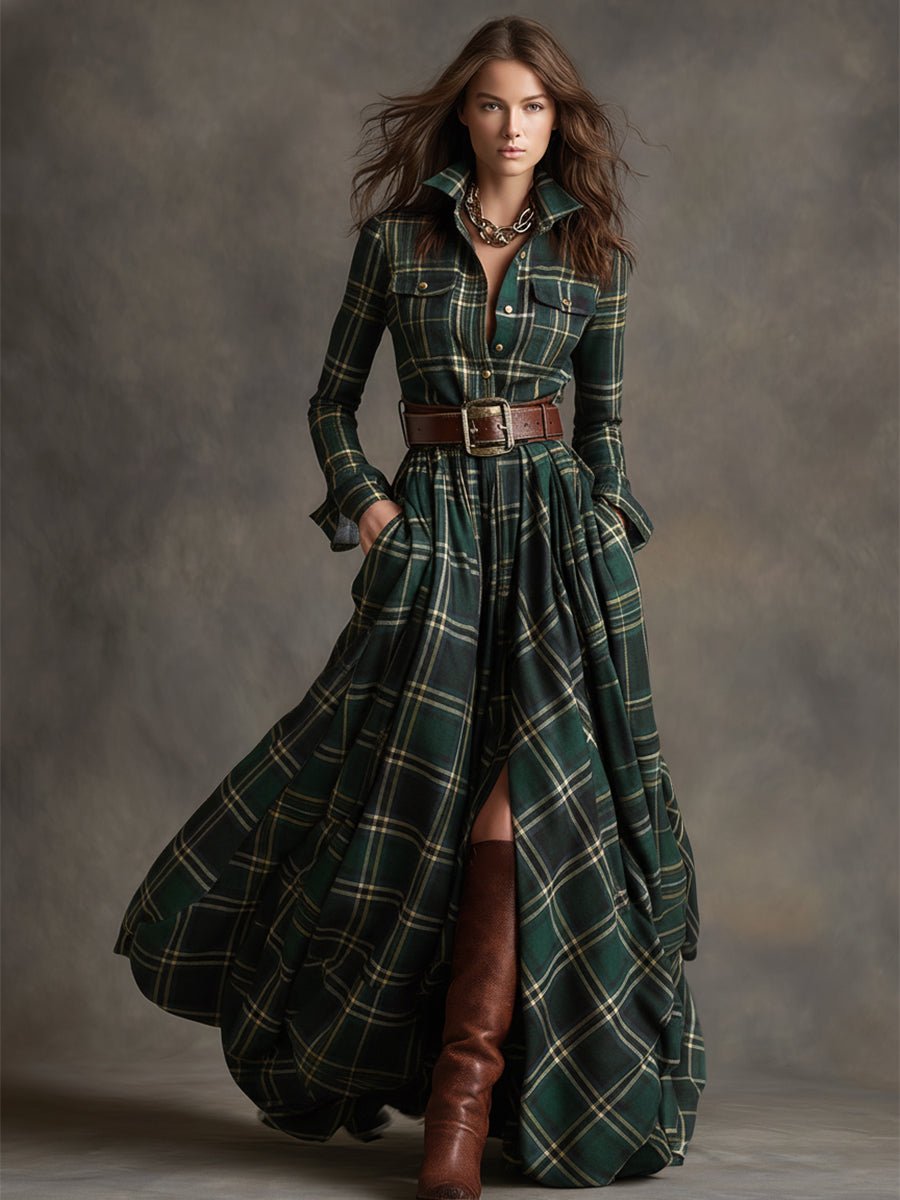 Women's Plaid Long Sleeve Maxi Shirt Dress
