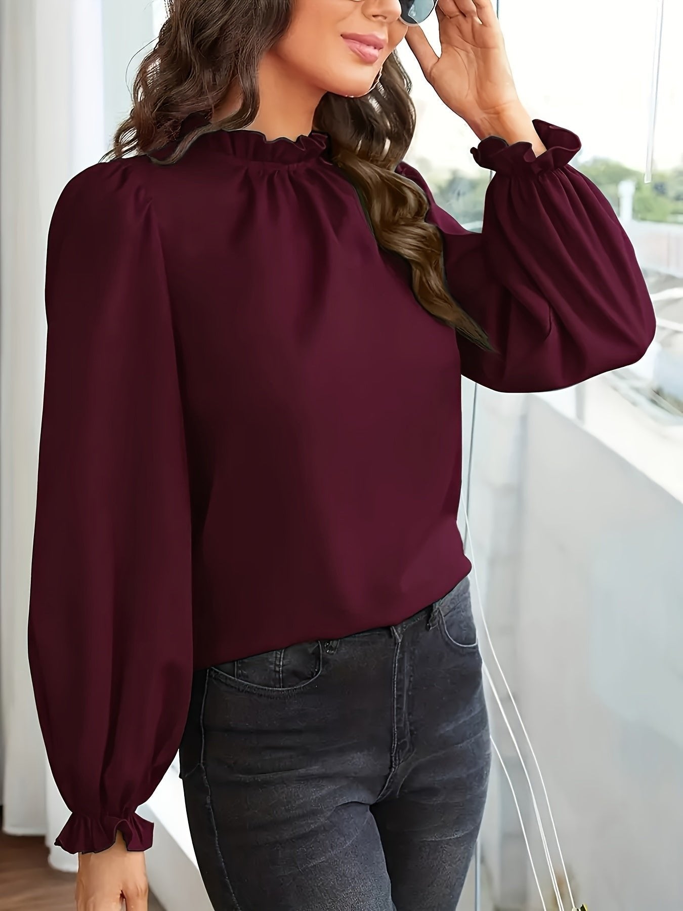 Women's Chiffon Work Ruffle Long Sleeve Blouse