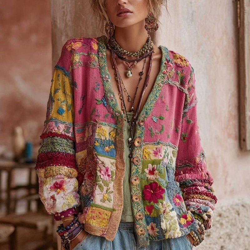 Women's Oversized Floral Knit V-Neck Cardigan