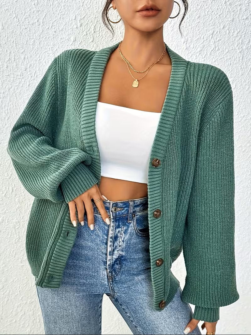 Women's Chunky Cropped Ribbed V-Neck Cardigan - Green