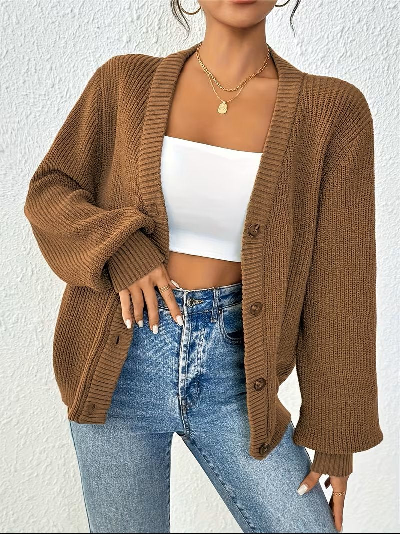 Women's Chunky Cropped Ribbed V-Neck Cardigan - Camel