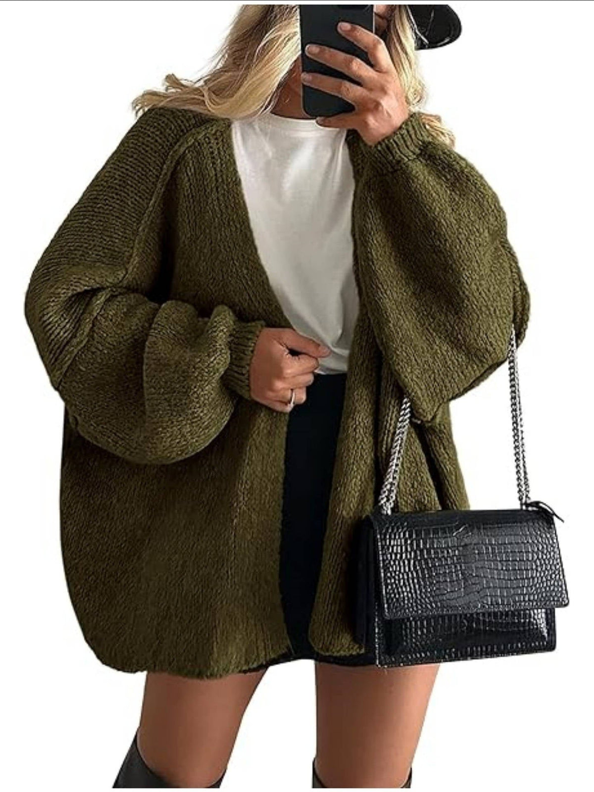 Women's Chunky Oversized Knit Ribbed Longline Cardigan - Military Green