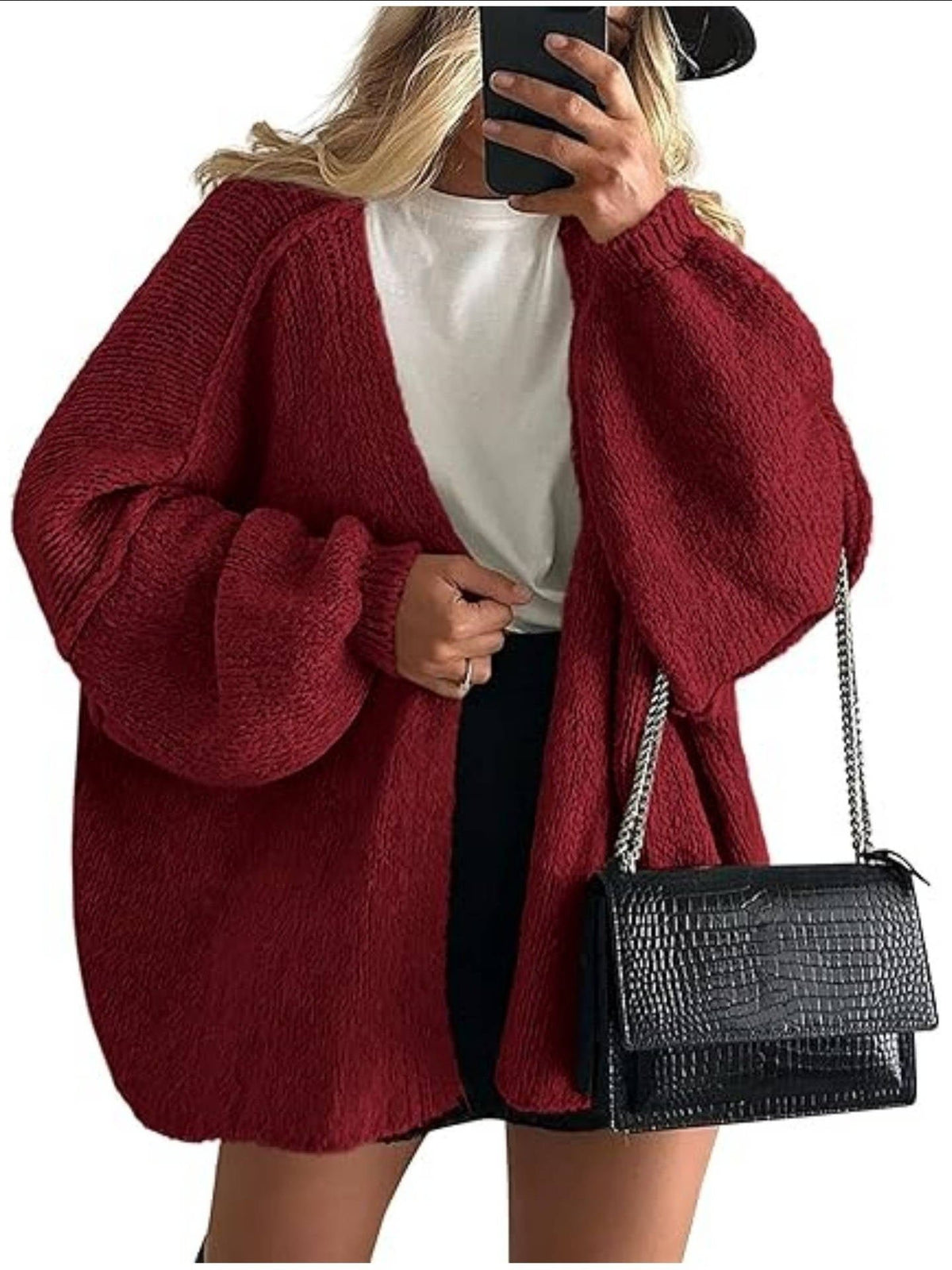 Women's Chunky Oversized Knit Ribbed Longline Cardigan - Dark Red