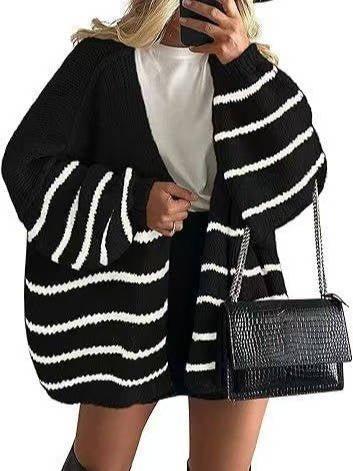 Women's Chunky Oversized Knit Ribbed Longline Cardigan - Black and White Stripes