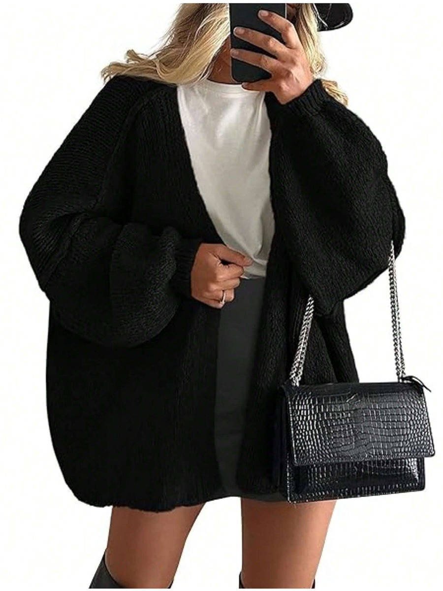 Women's Chunky Oversized Knit Ribbed Longline Cardigan - Black