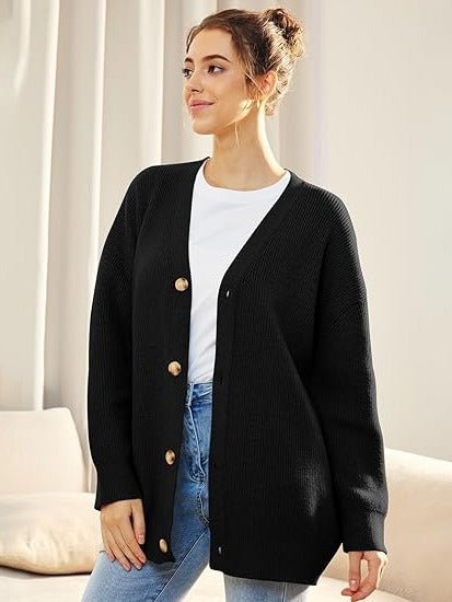 Women's Ribbed V-Neck Cardigan - Black