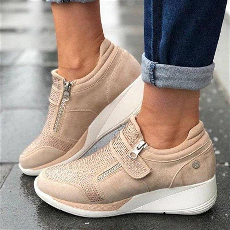 Women's Suede Wedge Trainers - Beige