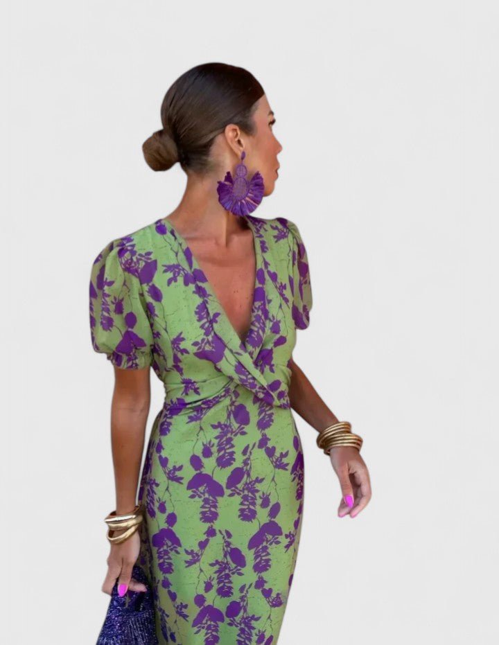 Women's Floral Cocktail Satin Midi Party Wrap Dress - Green