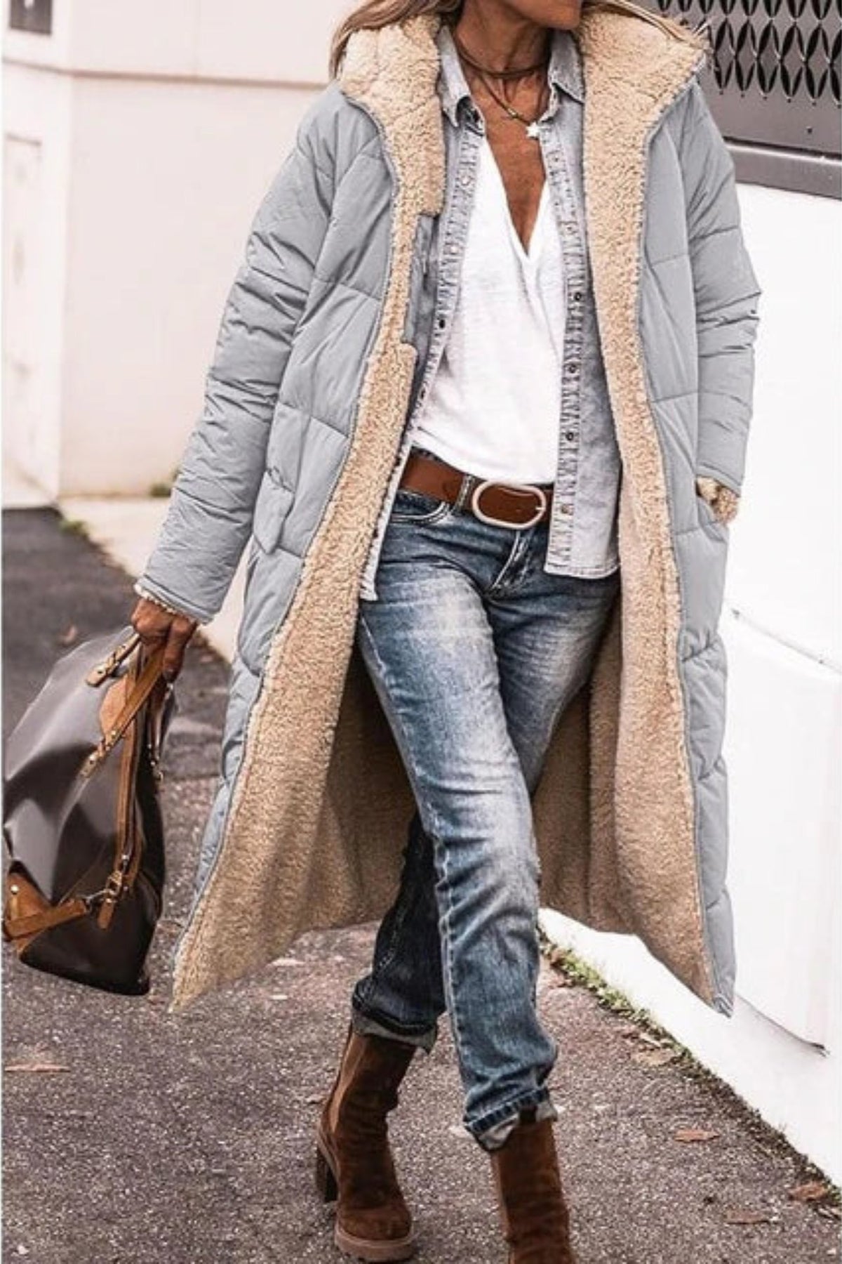 Women's Oversized Longline Teddy Puffer Coat - Gray