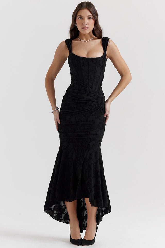 Women's Floral Bodycon Party Gown - Black