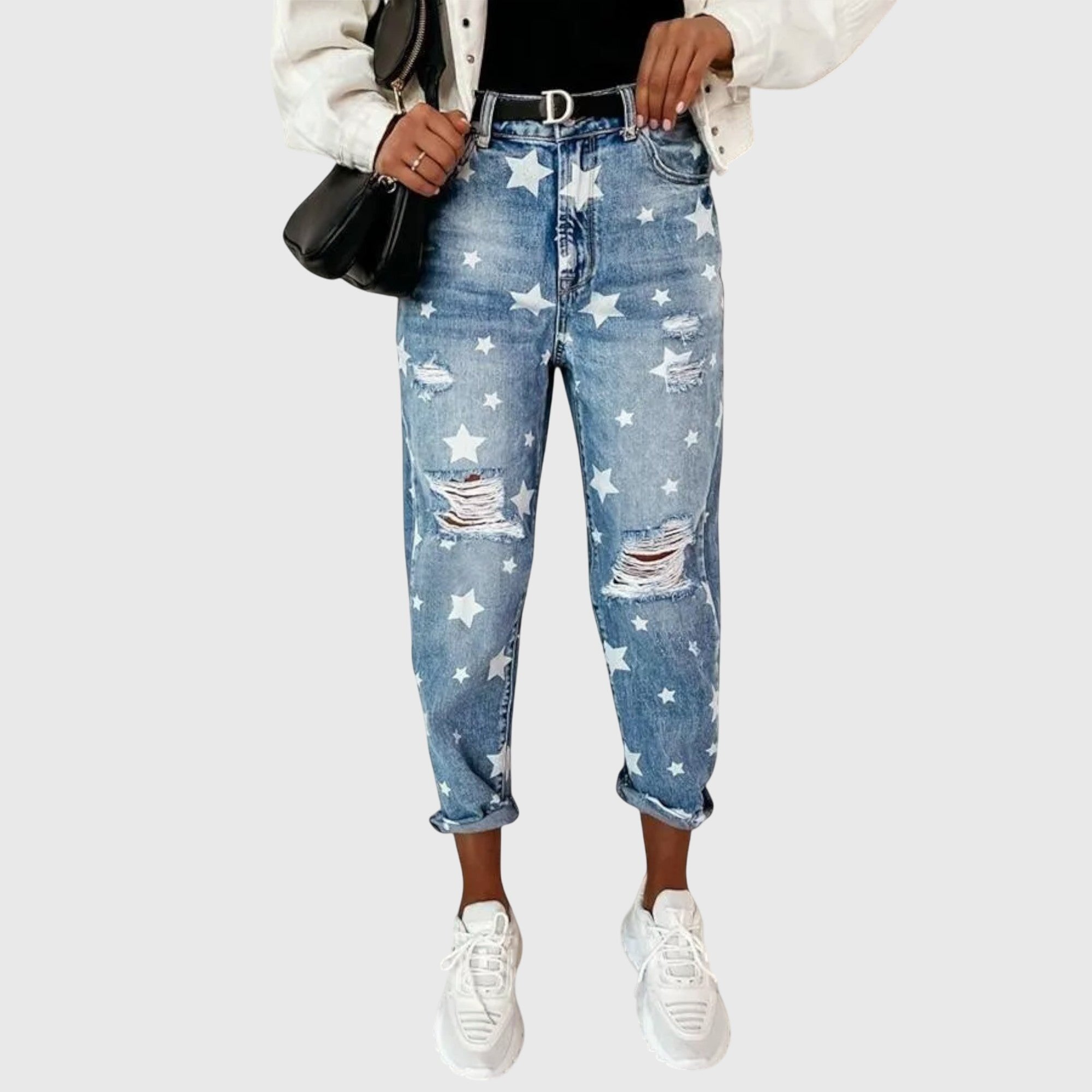 Women's High-Waisted Distressed Mom Jeans - Blue