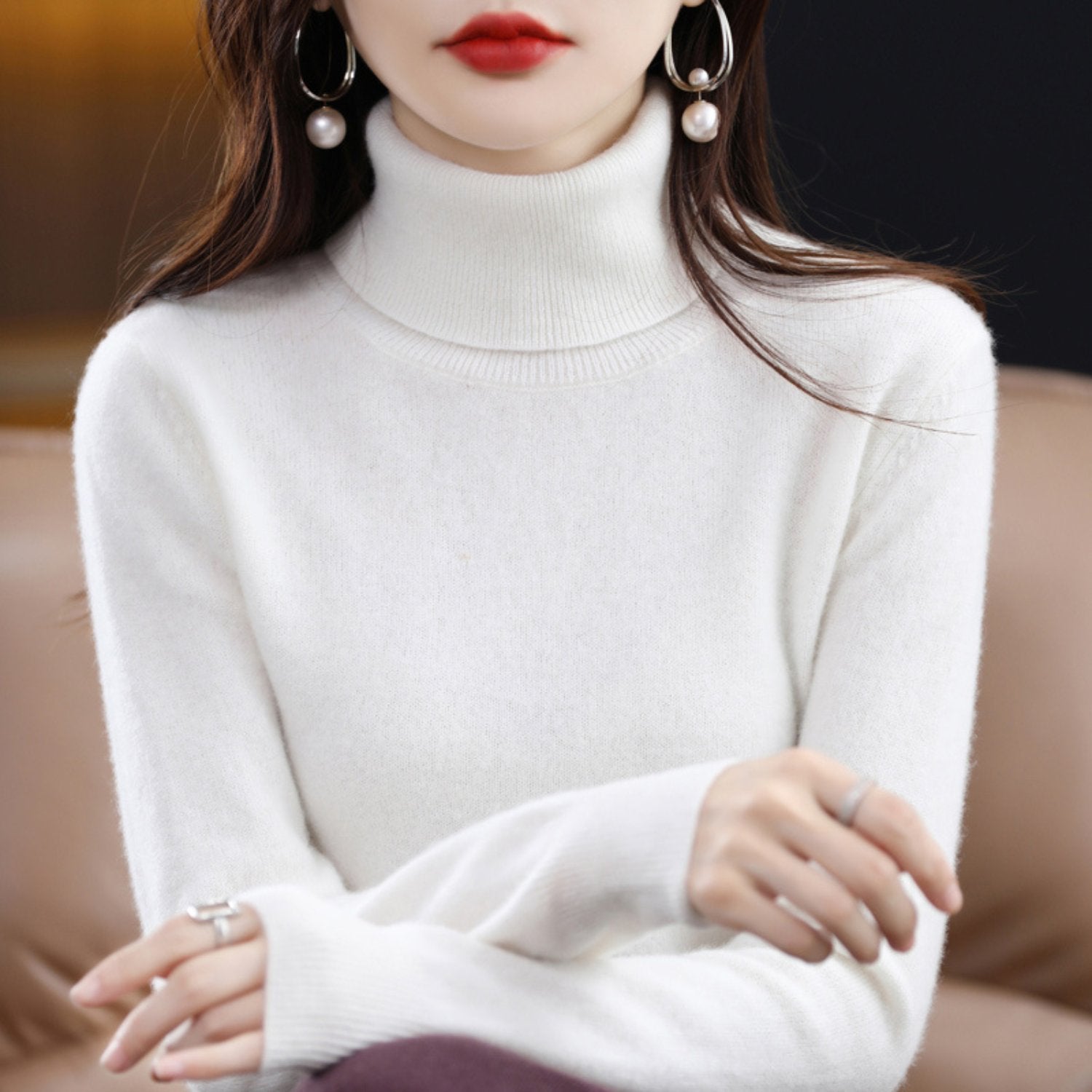 Women's Slim Cashmere Wool Roll Neck Jumper - White