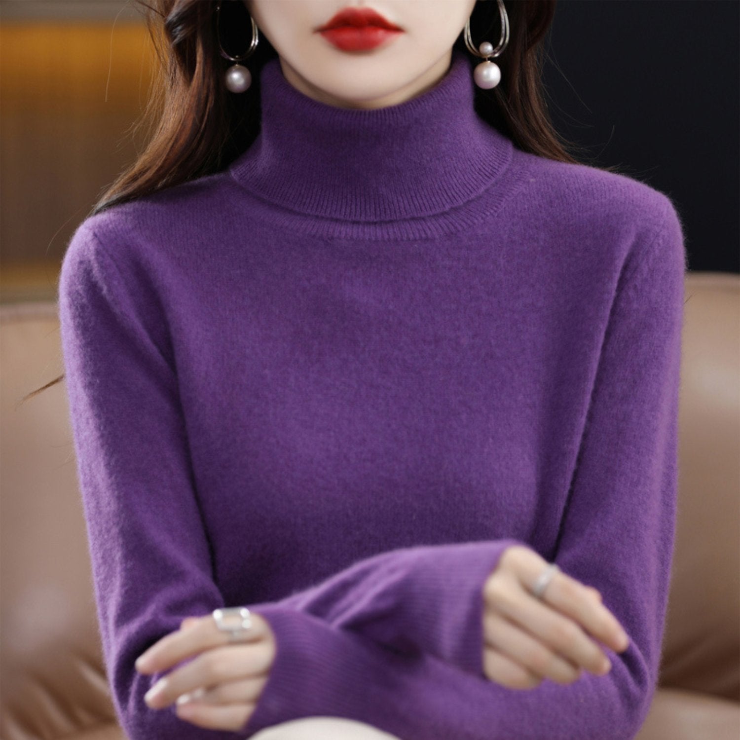 Women's Slim Cashmere Wool Roll Neck Jumper - Purple