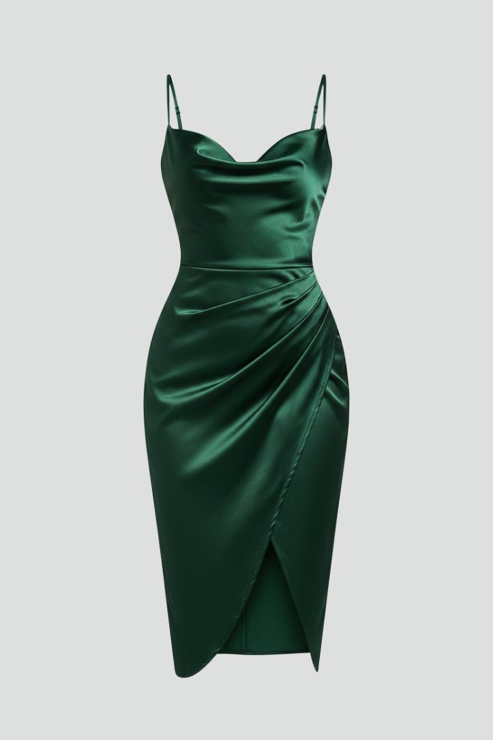 Women's Cocktail Satin Bodycon Midi Party Dress - Green