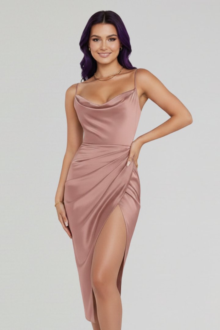 Women's Cocktail Satin Bodycon Midi Party Dress - Pink