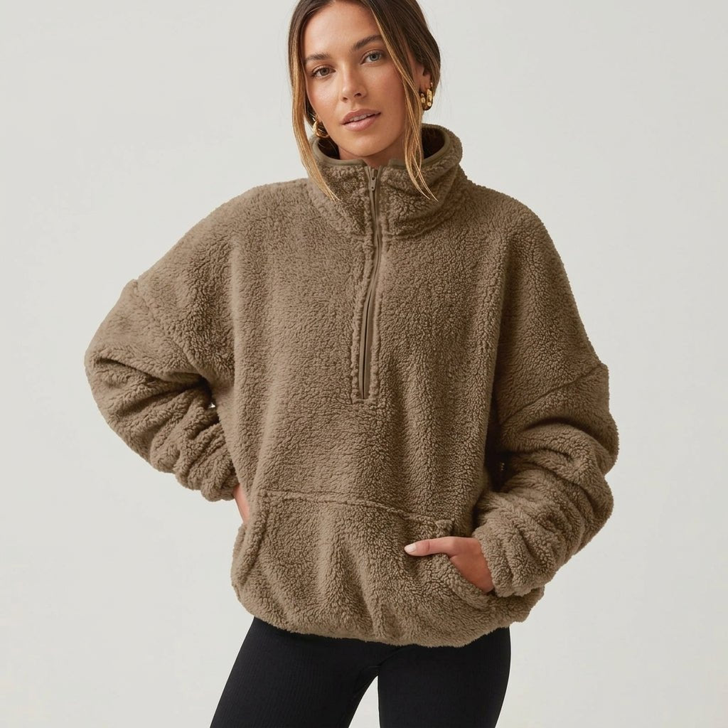 Women's Sherpa Fleece Half-Zip Jumper - Light Brown
